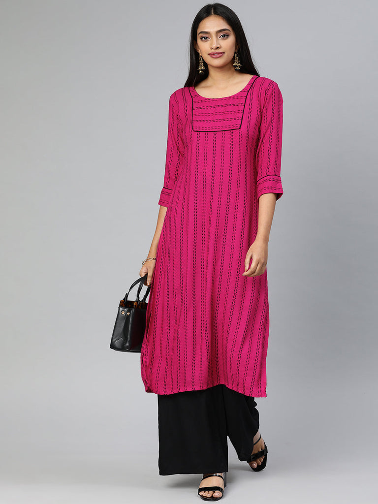 Pink & Black Striped Straight Kurta