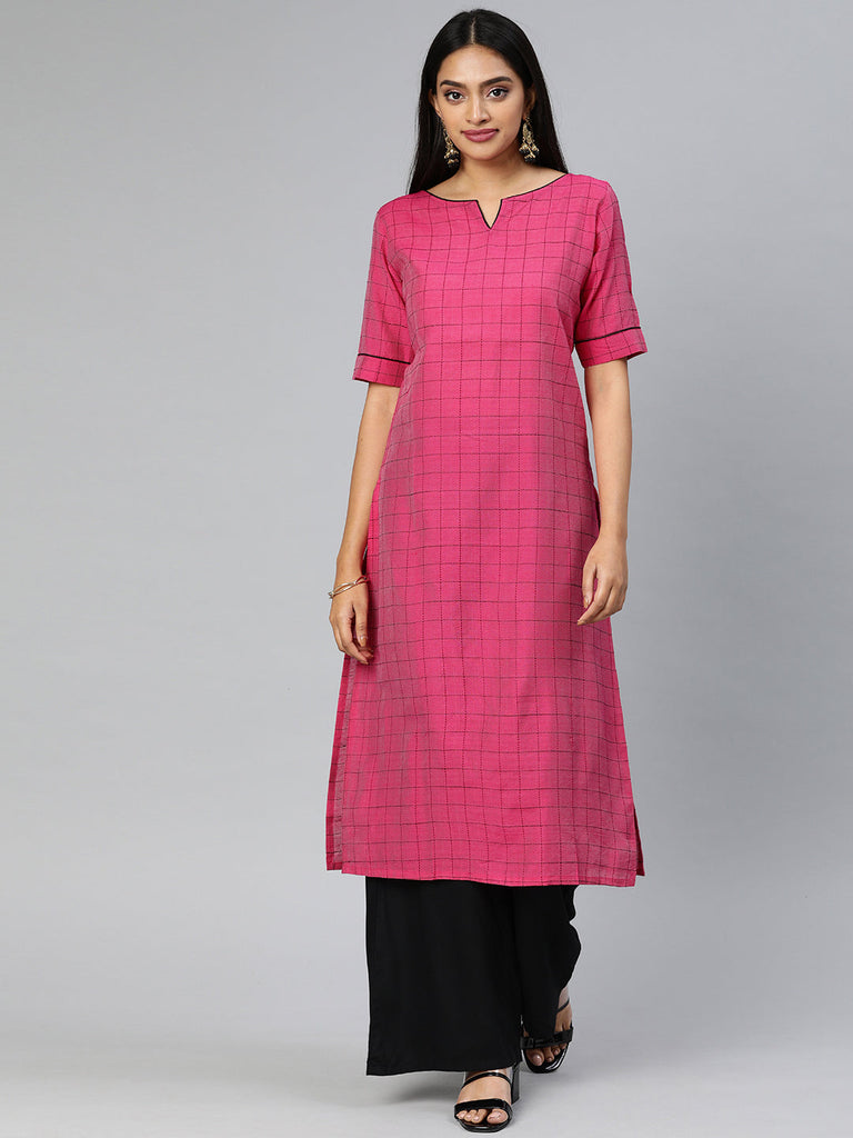 Women Pink & Black Checked Straight Kurta