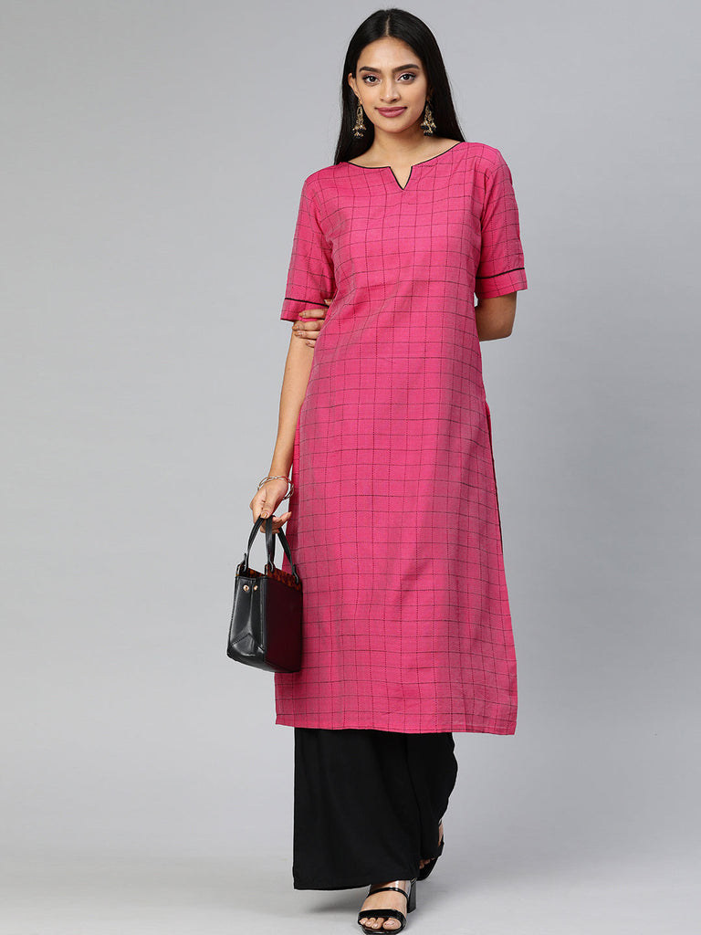 Women Pink & Black Checked Straight Kurta