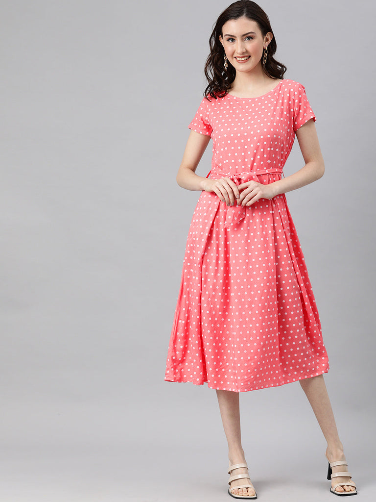 Peach-coloured polka dot print a-line dress