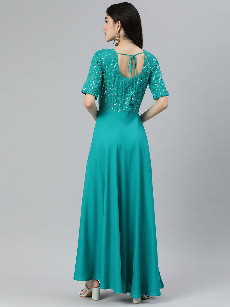 Turquoise Blue Sequined Solid Ethnic Maxi Dress