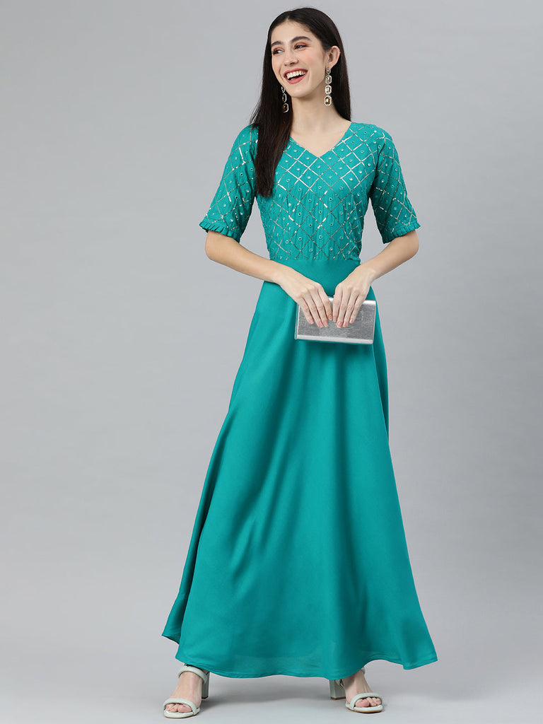 Turquoise Blue Sequined Solid Ethnic Maxi Dress