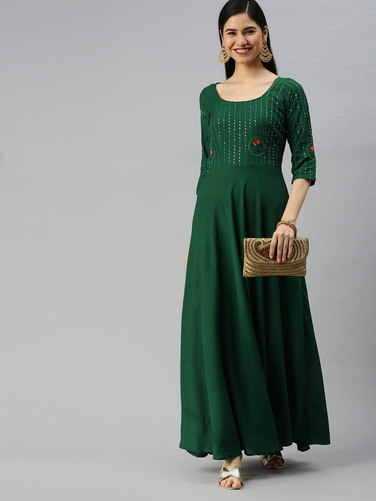 Green Embroidered Maxi Ethnic Dress