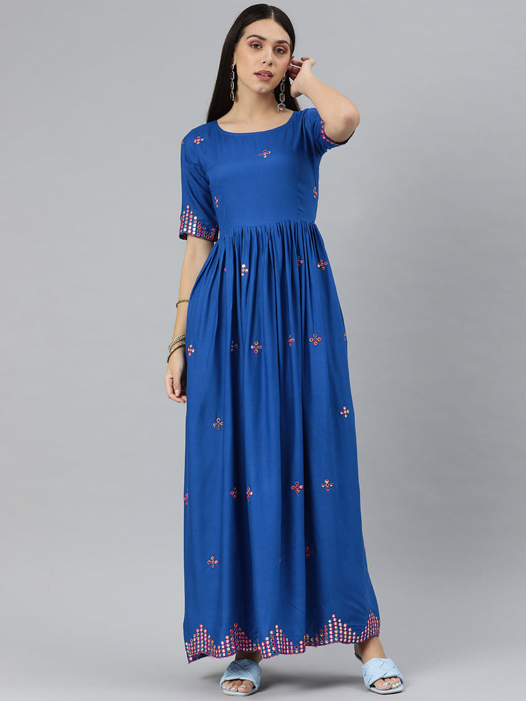 Blue Mirror Work Maxi Dress