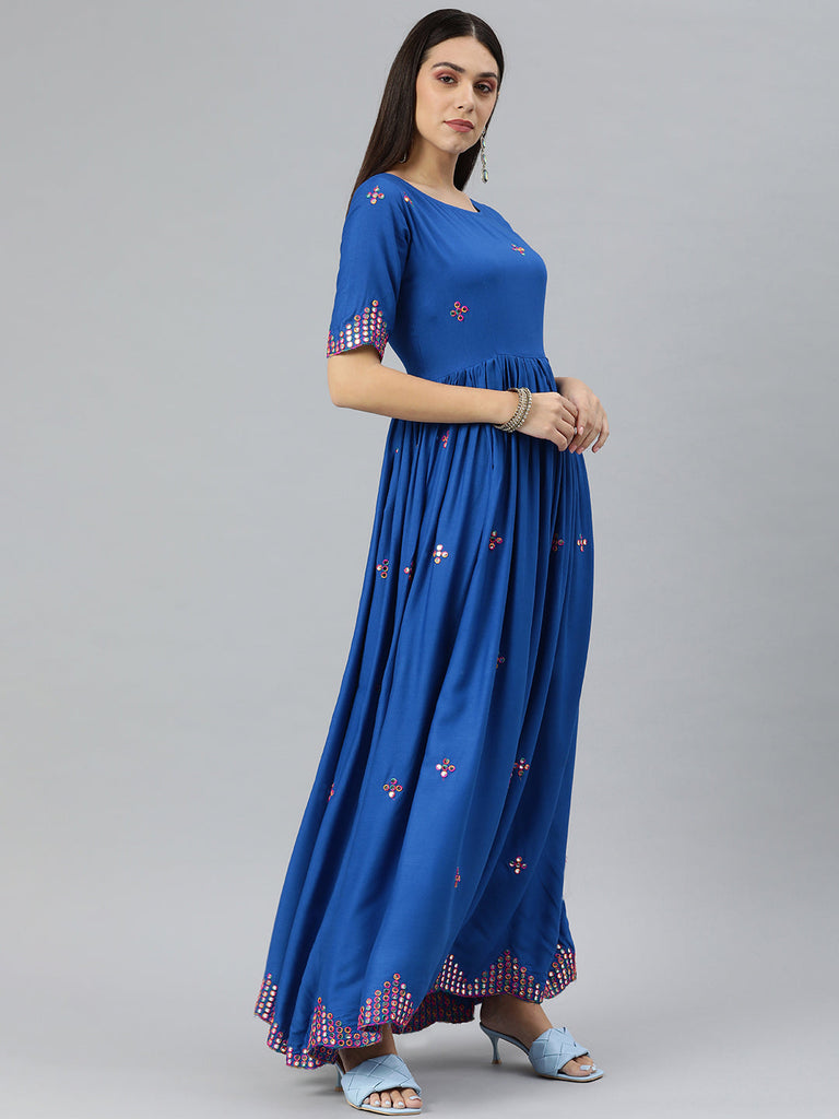 Blue Mirror Work Maxi Dress