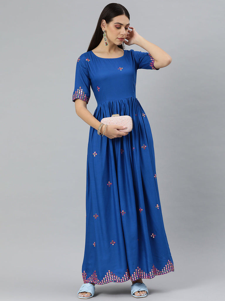 Blue Mirror Work Maxi Dress