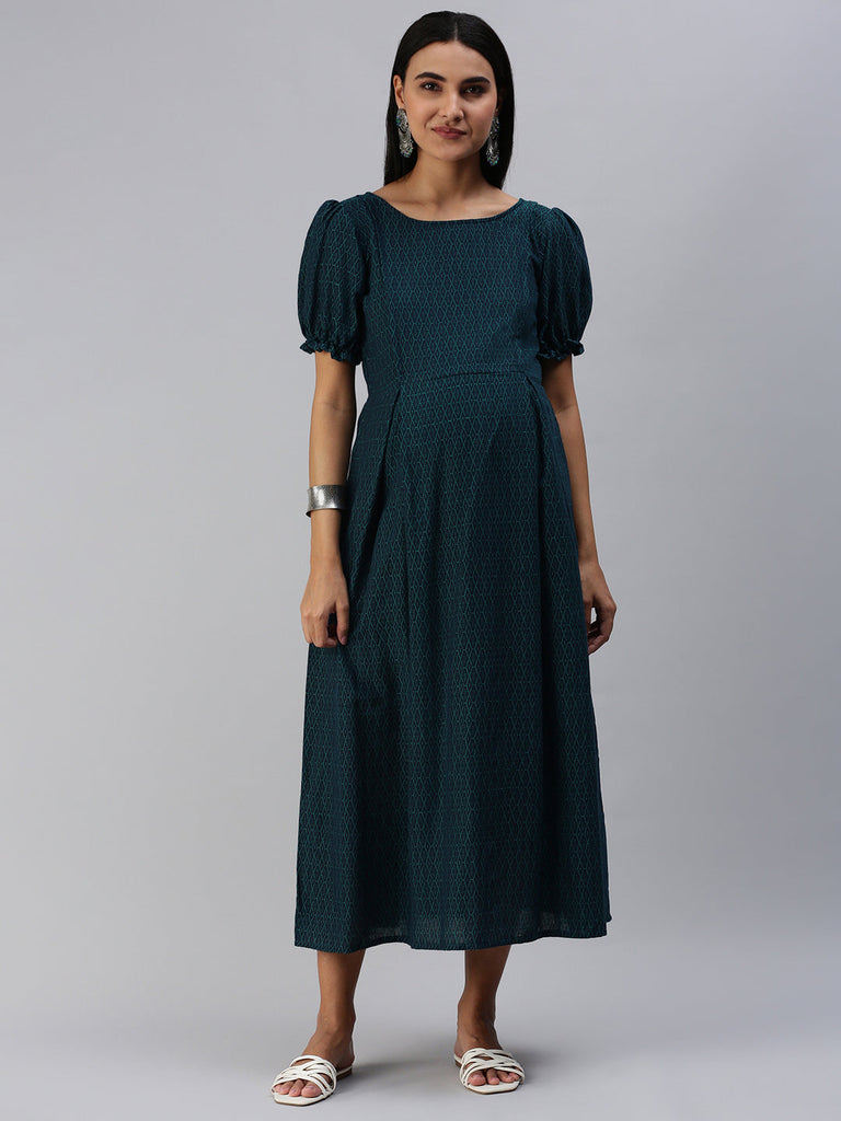 Teal Blue & Green Woven Design Maternity Midi Dress