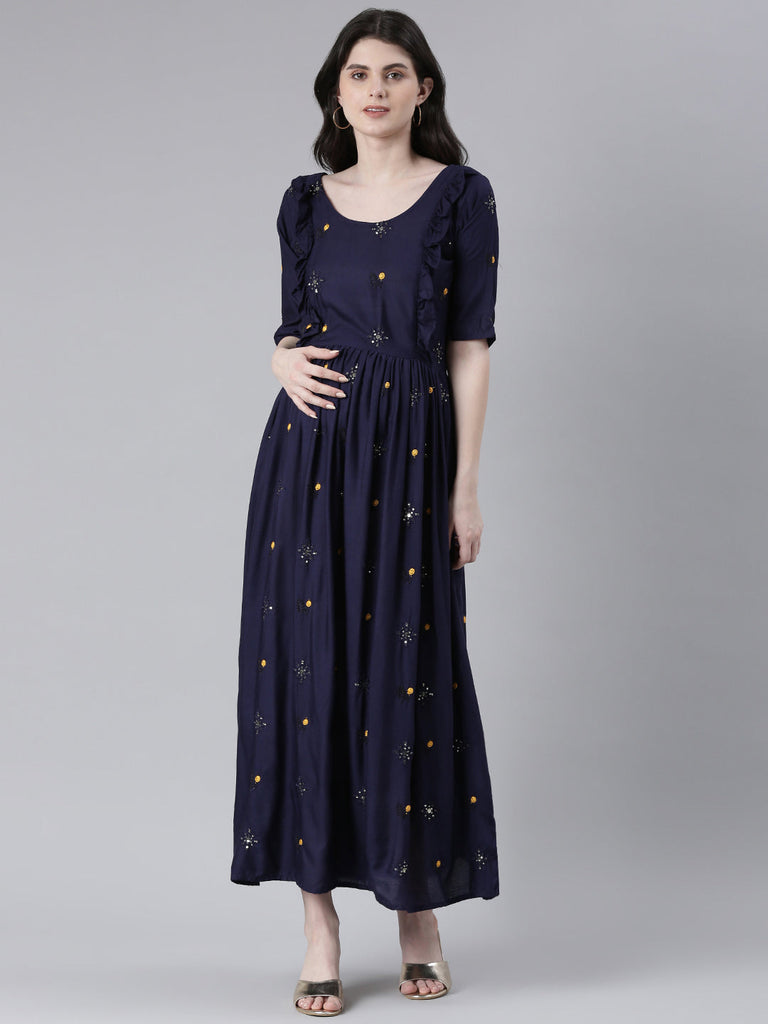 Navy blue Embroidered Maternity Dress