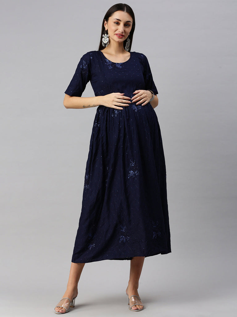 Navy blue solid Maternity dress