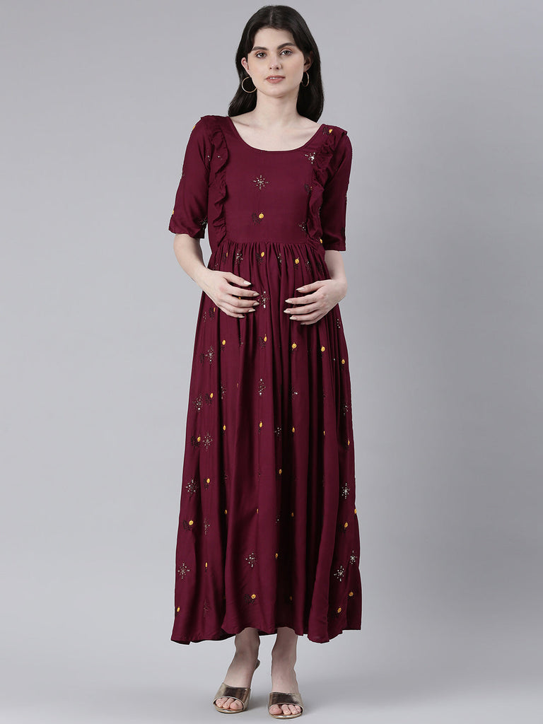 Maroon Embellished Maternity dress