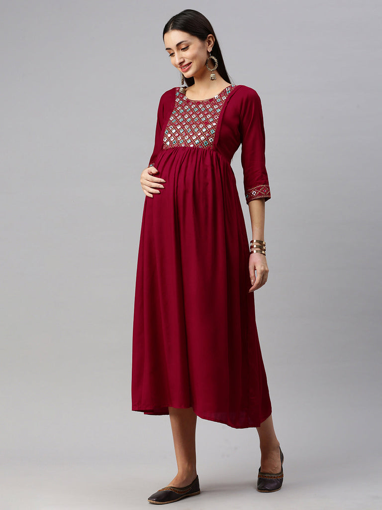 Red embroidered Maternity Dress