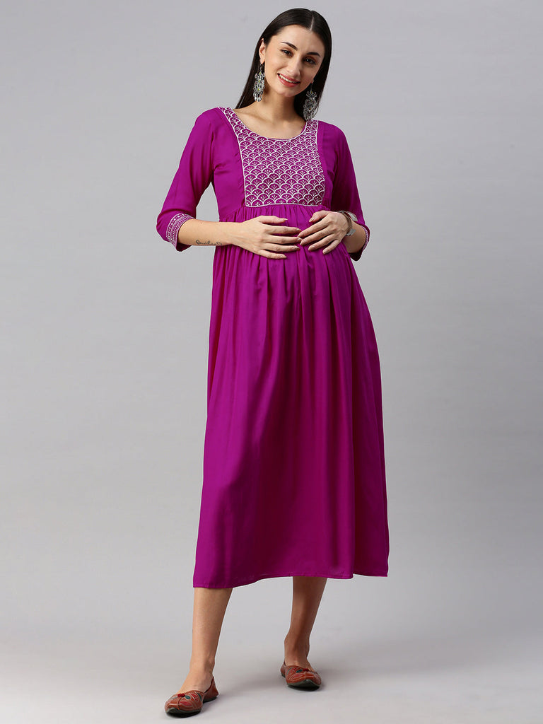 Magenta embroidered Maternity dress