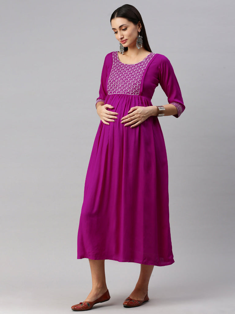 Magenta embroidered Maternity dress