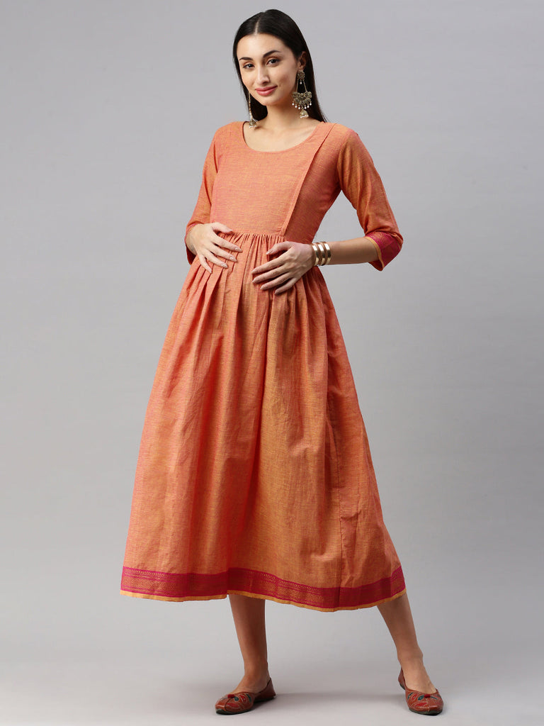 Orange solid Maternity Dress