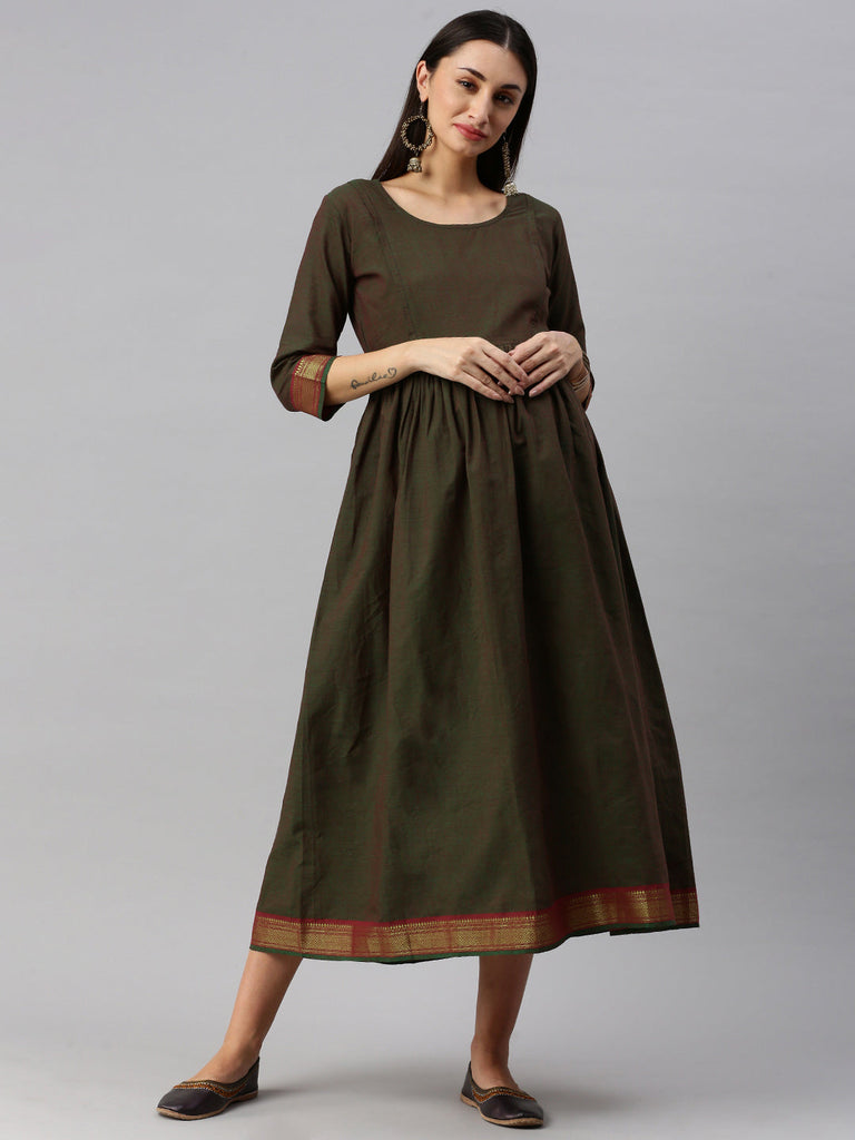 Olive Green solid Maternity Dress