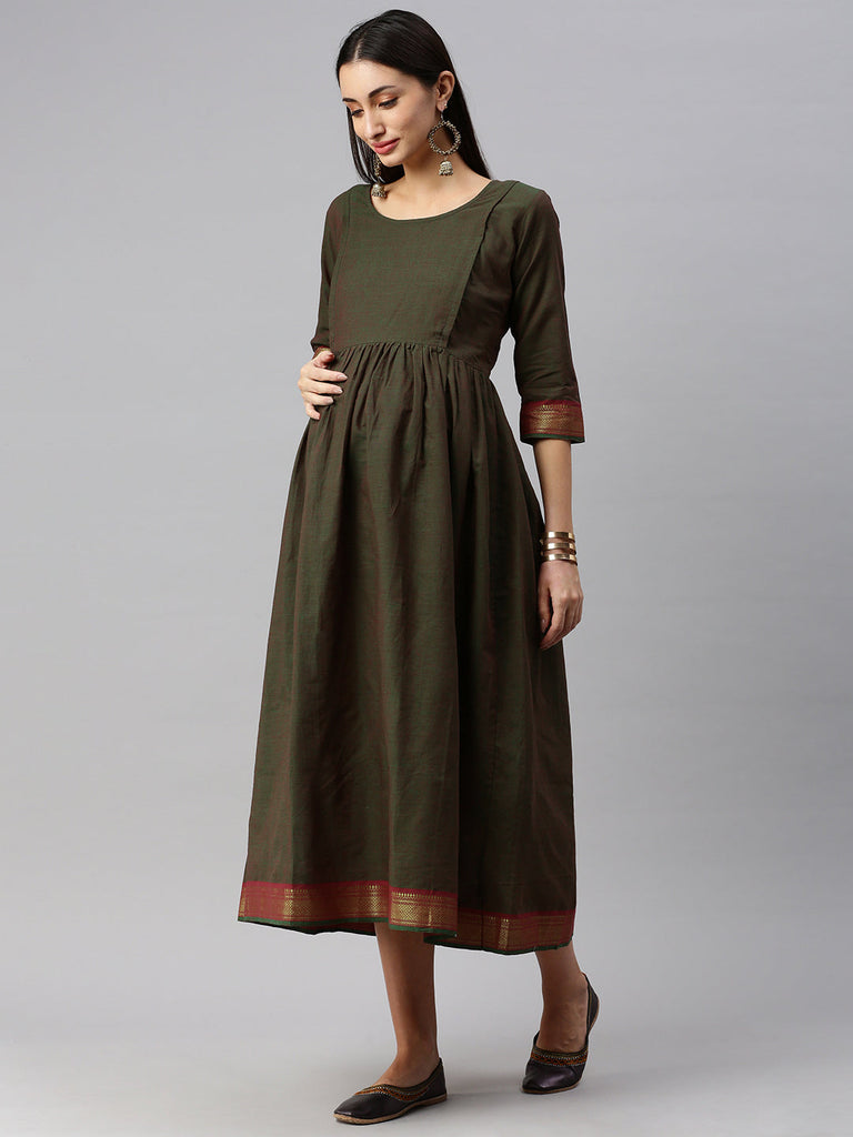 Olive Green solid Maternity Dress