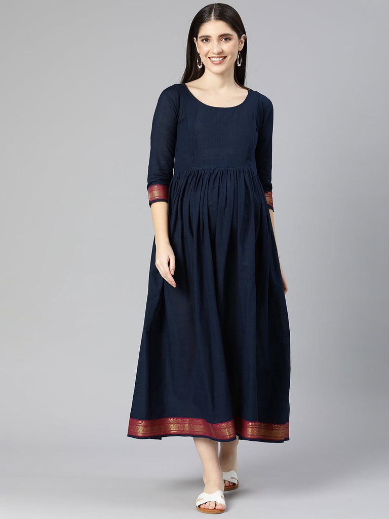 Navy Blue Self Design Maternity Dress