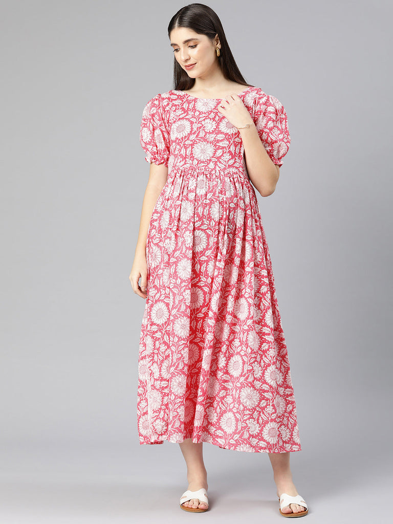 Pink Floral Printed Puff Sleeve Maternity Dress