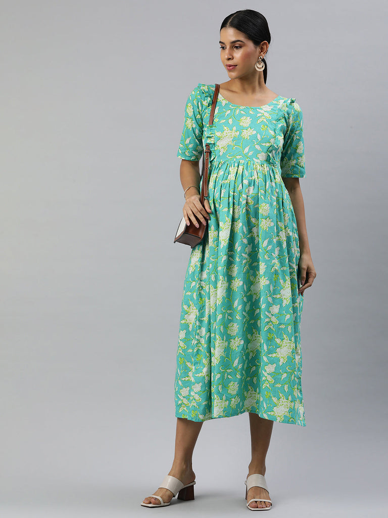 Sea Green Floral Print  Maternity Dress